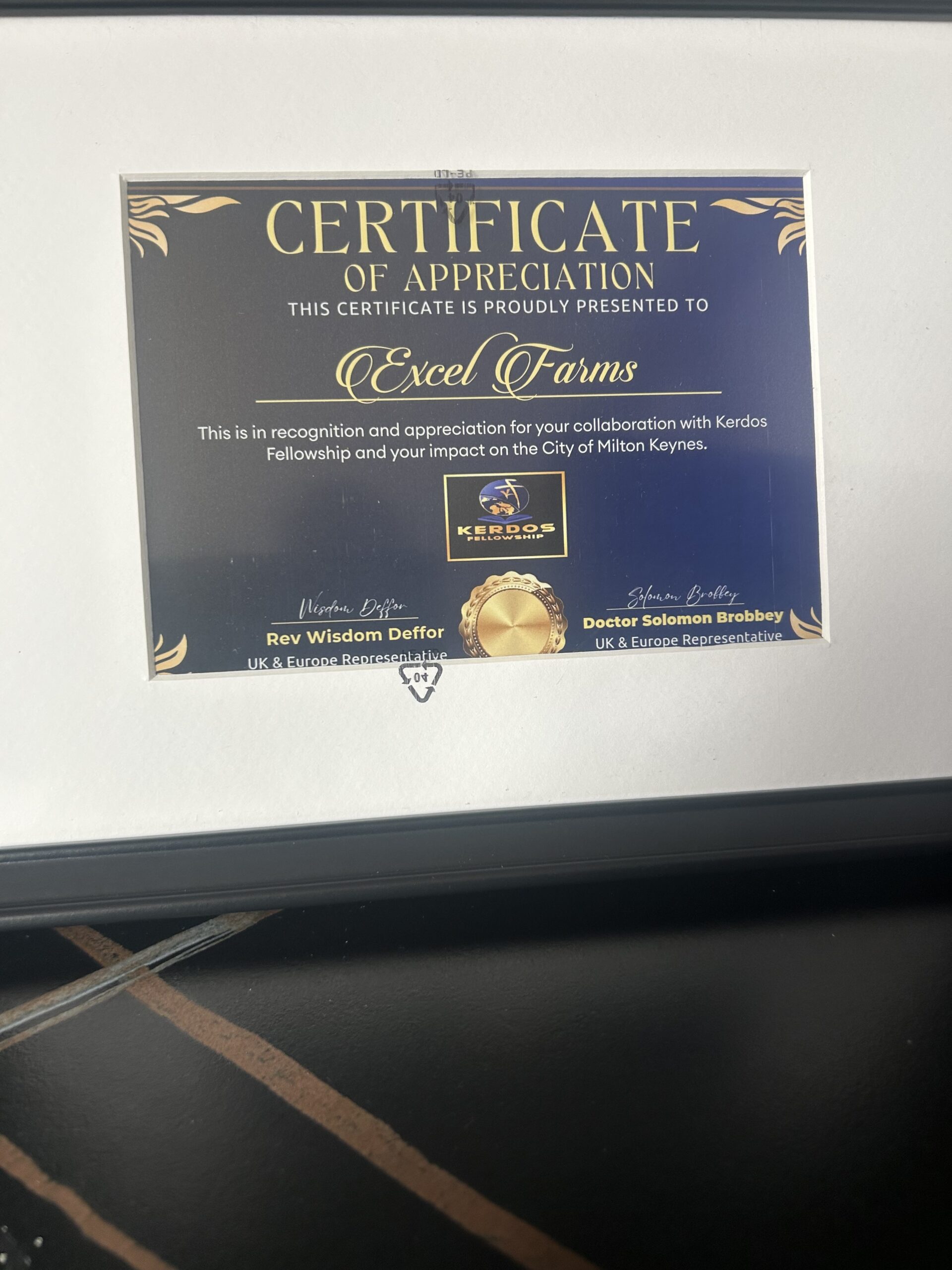 Certificate of Appreciation presented to Excell Farms by Kerdos Fellowship for collaboration and impact in Milton Keynes