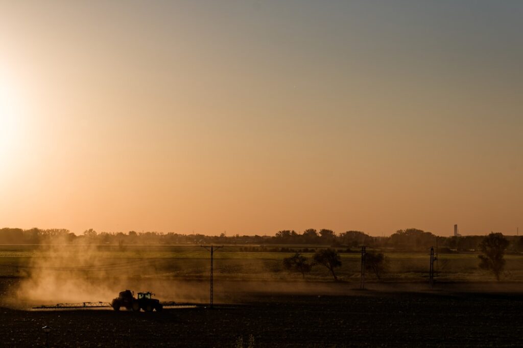 Crop production illustrating pesticide use and food safety.