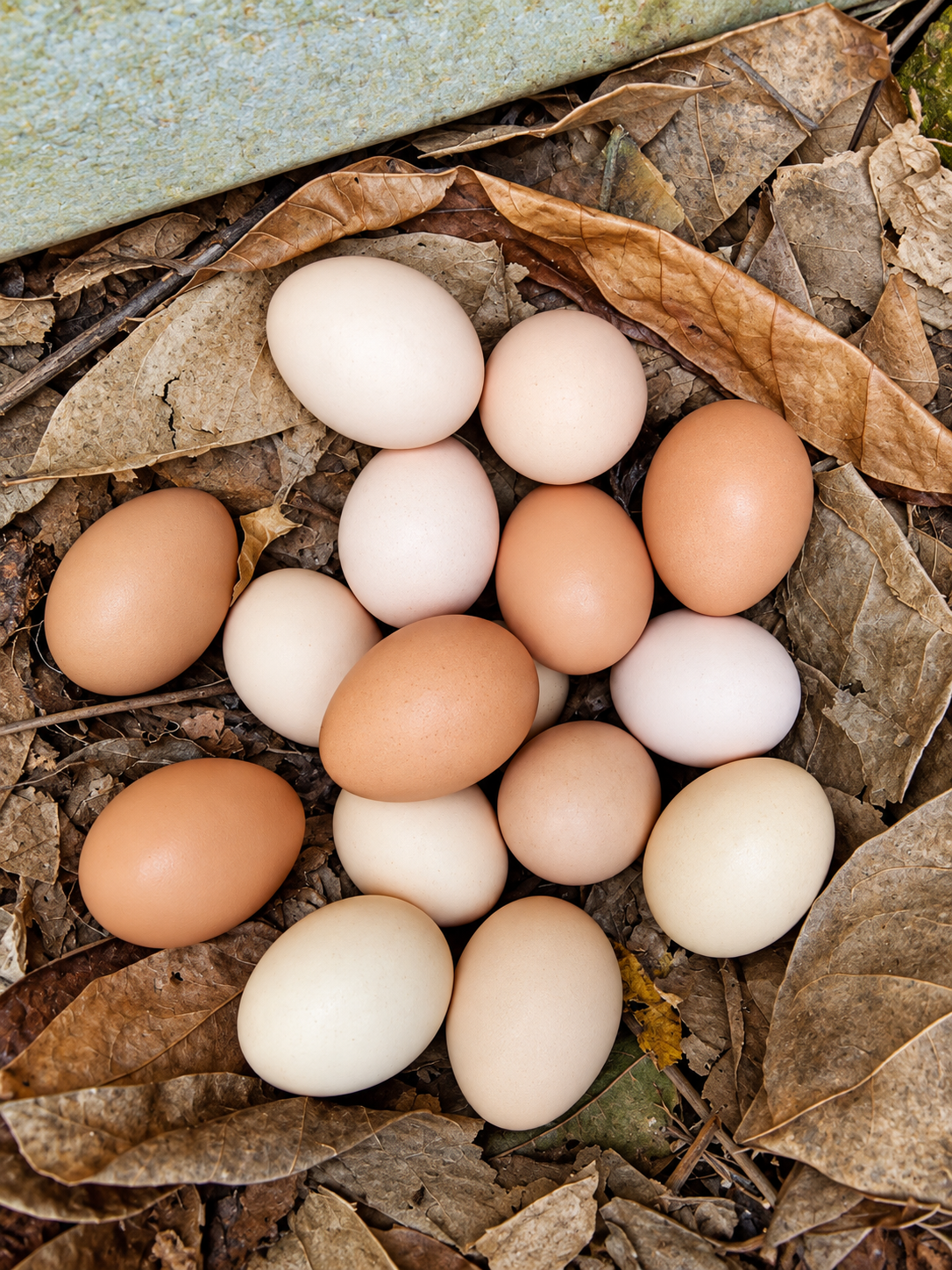 Hidden clutch of 15 Kuroiler chicken eggs discovered among dry leaves at Excell Africa Farms