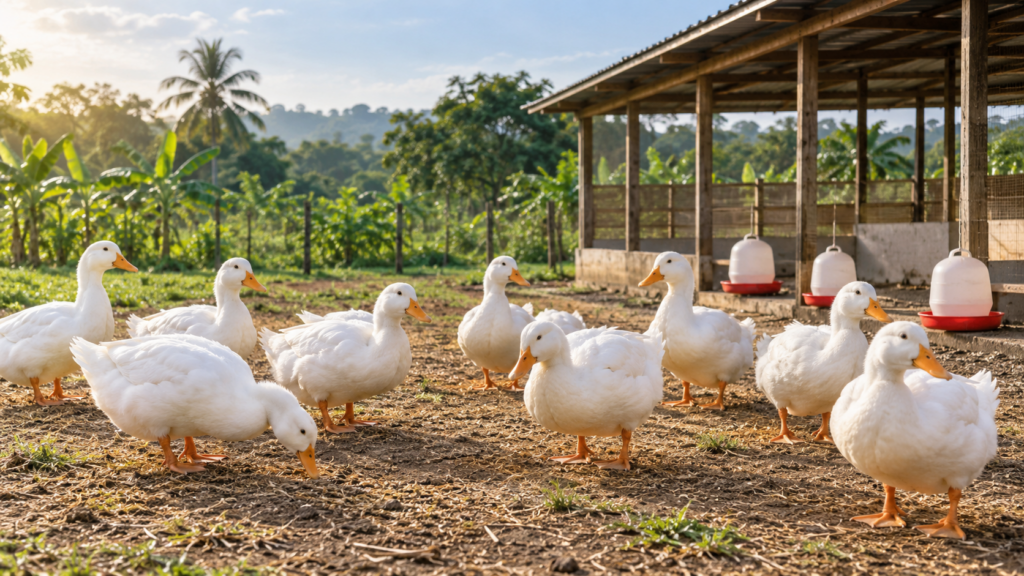 White Pekin ducks raised commercially on an African farm